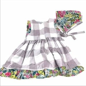 Handmade Gray White Plaid Floral Dress w/ Bonnet